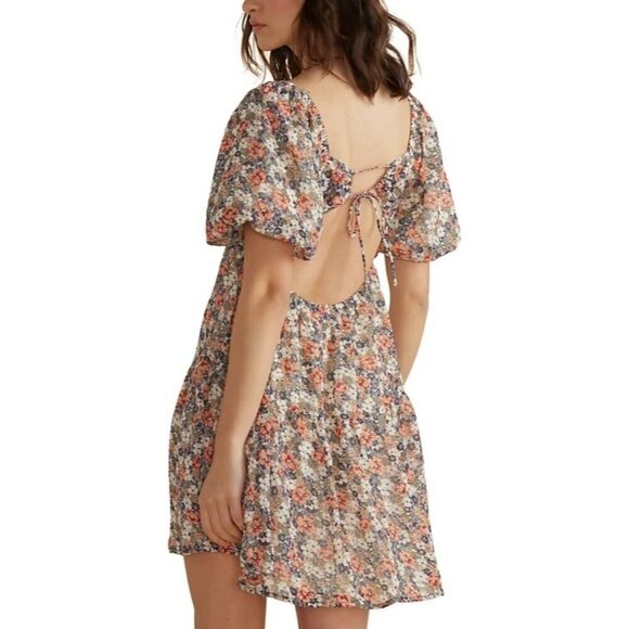 MINKINK Arve Floral Puff Sleeve Mini Dress Open Back Tie Detail Square Neck S - Picture 2 of 12